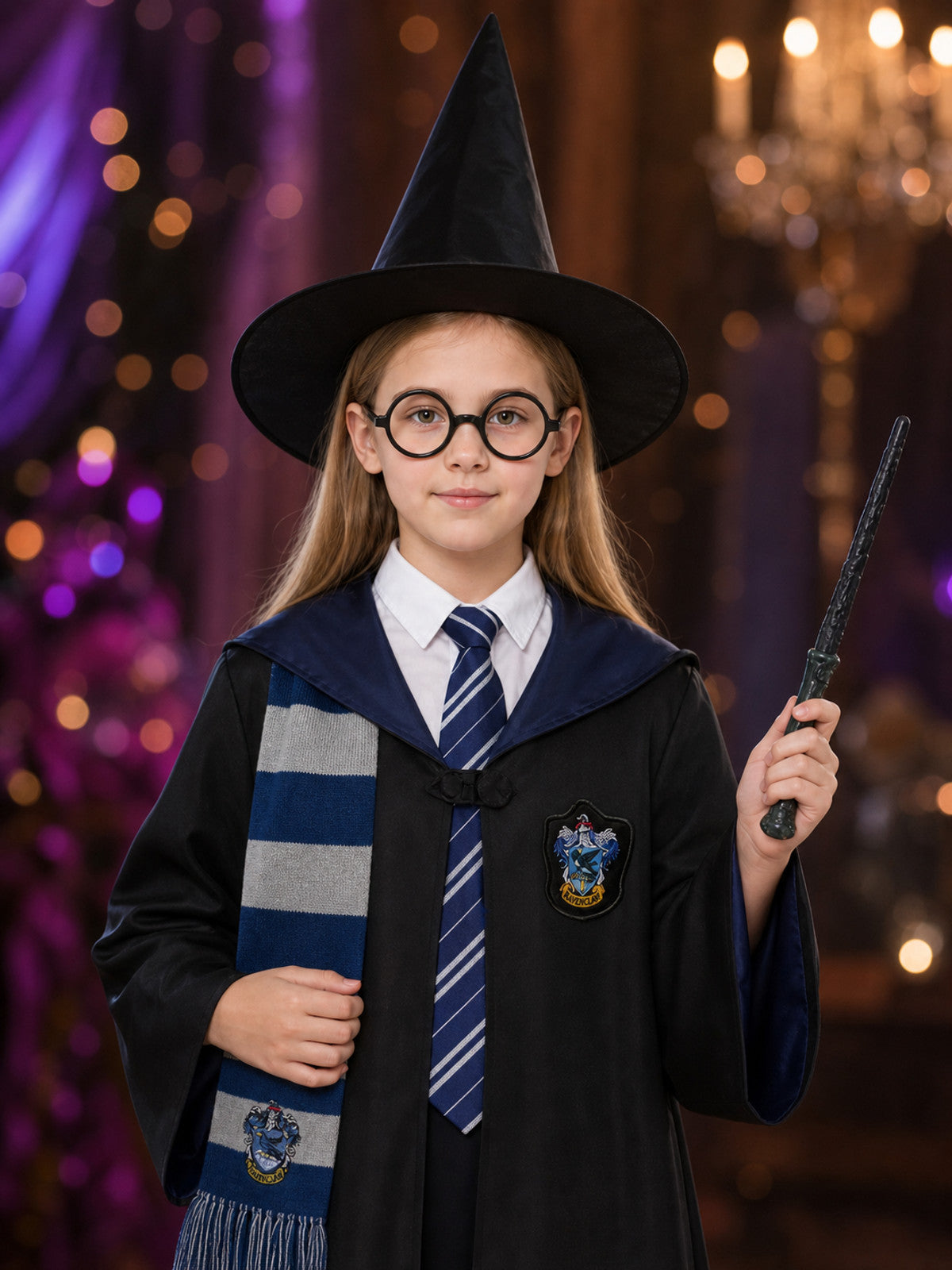 Wizard Cosplay Costume Set - Blue Robe with Scarf, Tie, Hat, Glasses and Wand on-model view