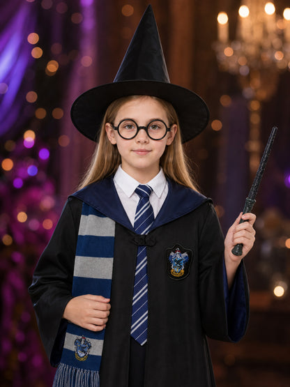 Wizard Cosplay Costume Set - Blue Robe with Scarf, Tie, Hat, Glasses and Wand on-model view