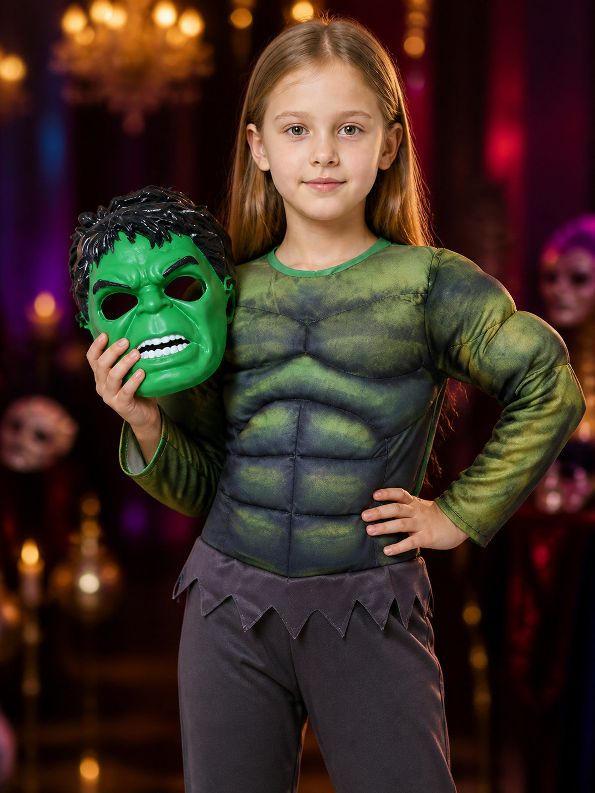 Green Giant Costume Jumpsuit with Mask for Halloween on-model view