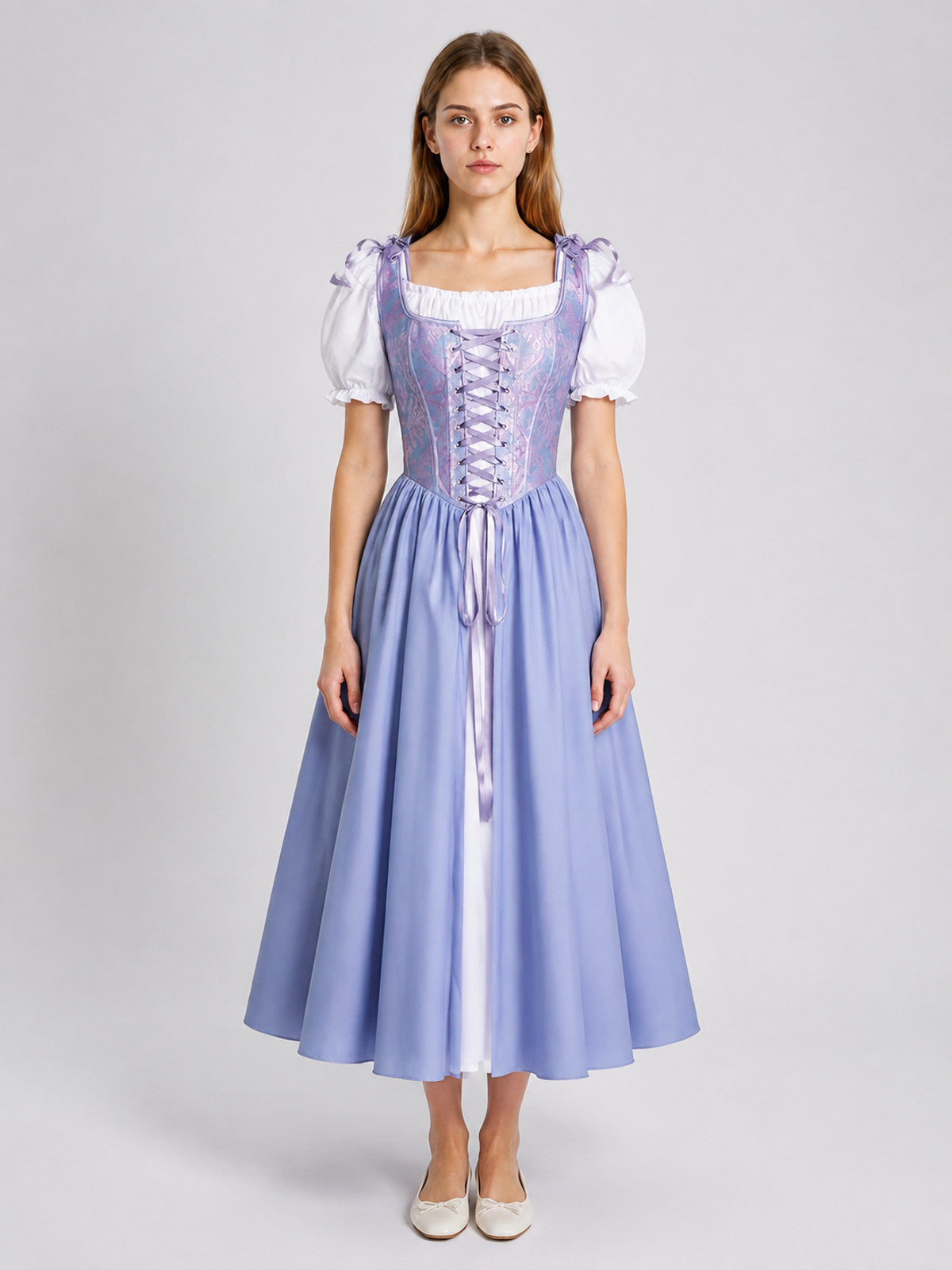 Dress with a Corset Bodice and White Blouse on-model view