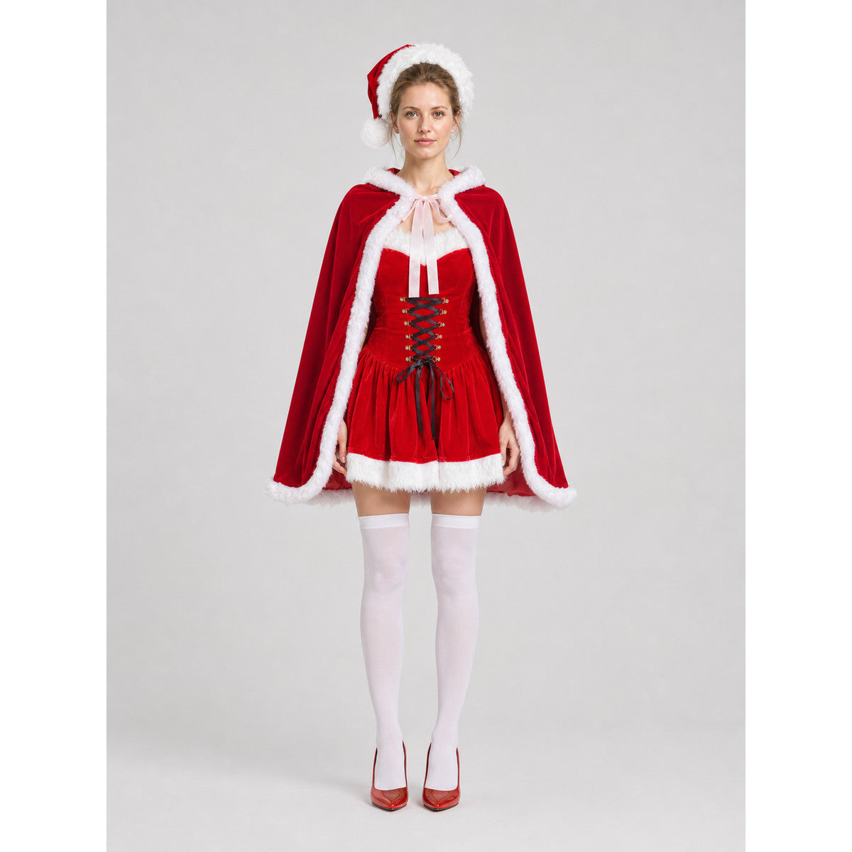 Christmas Character Costume: Red Cape and Dress on-model view
