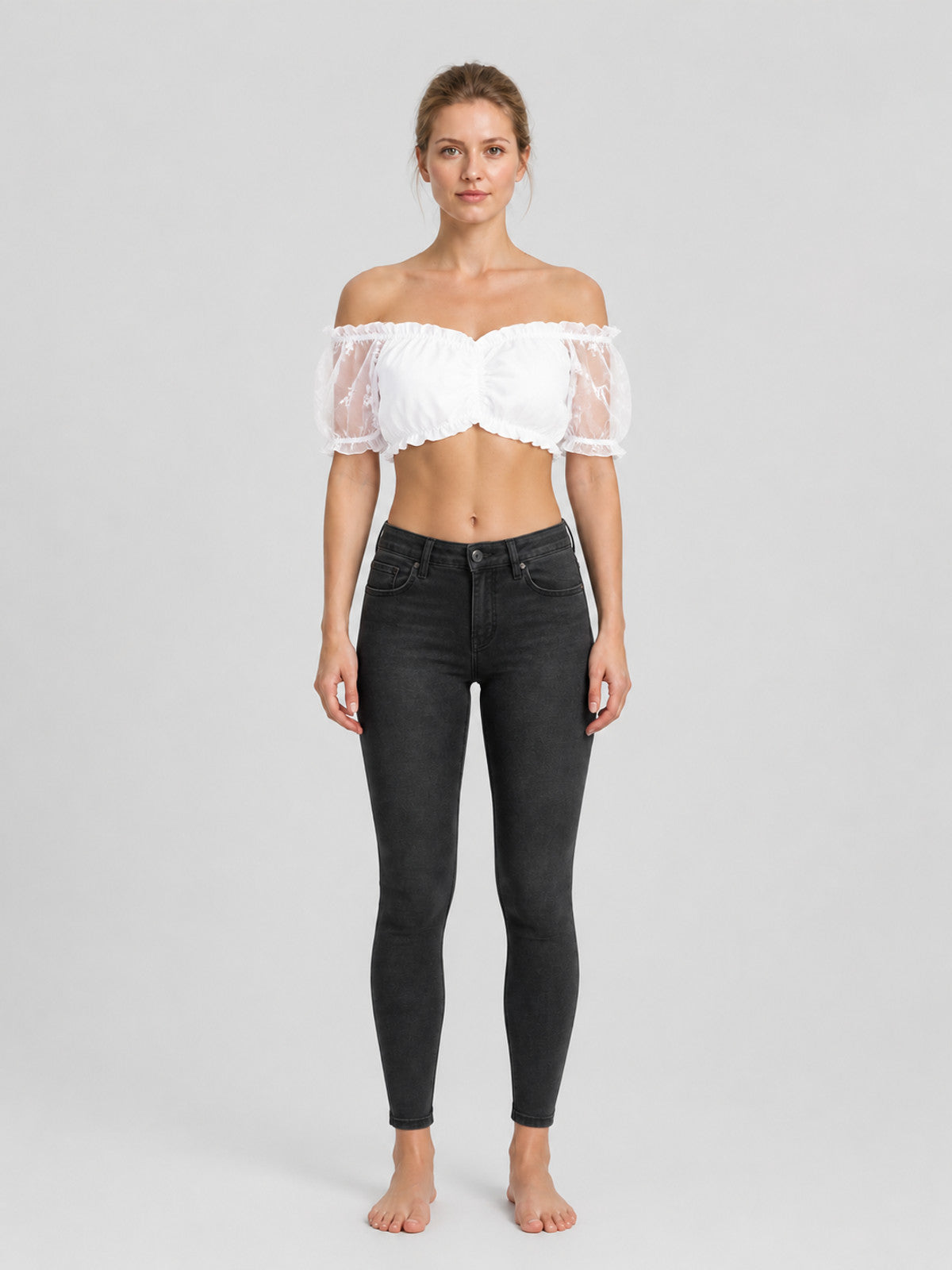 White Off-the-Shoulder Top with Puff Sleeves and Ruffles on-model view
