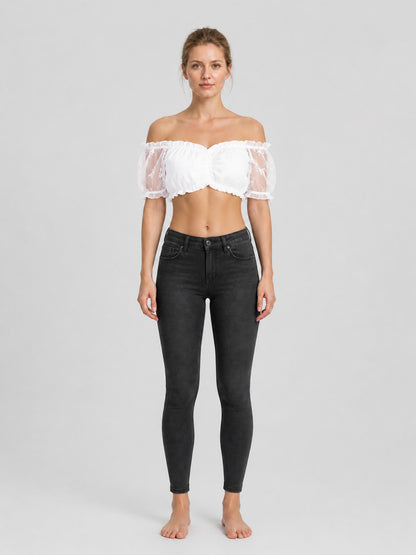 White Off-the-Shoulder Top with Puff Sleeves and Ruffles on-model view