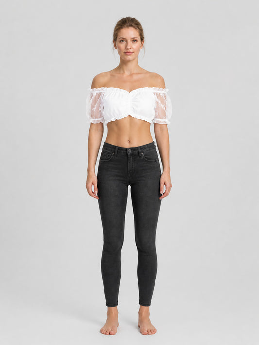 White Off-the-Shoulder Top with Puff Sleeves and Ruffles on-model view