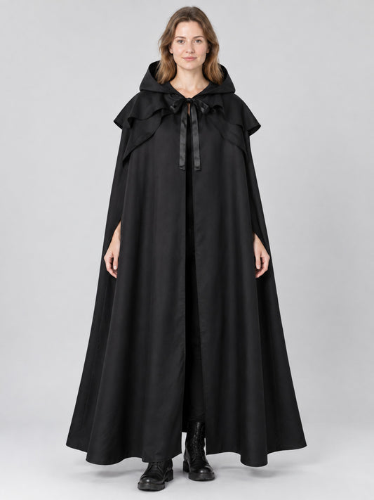 Long black hooded cape cloak for adults, front view with hood down