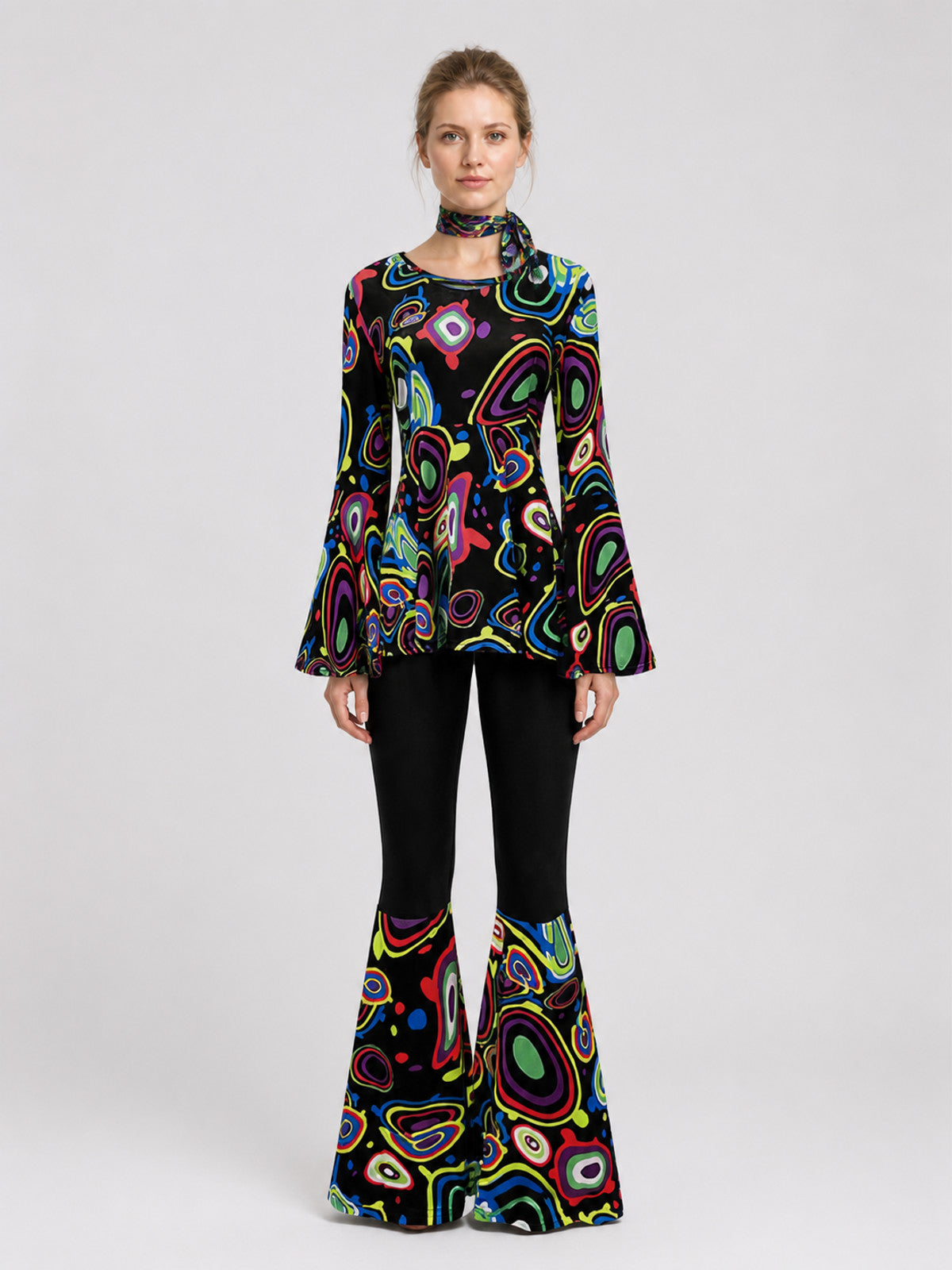 70s Stage Costume: Psychedelic Print, Flared Pants on-model view
