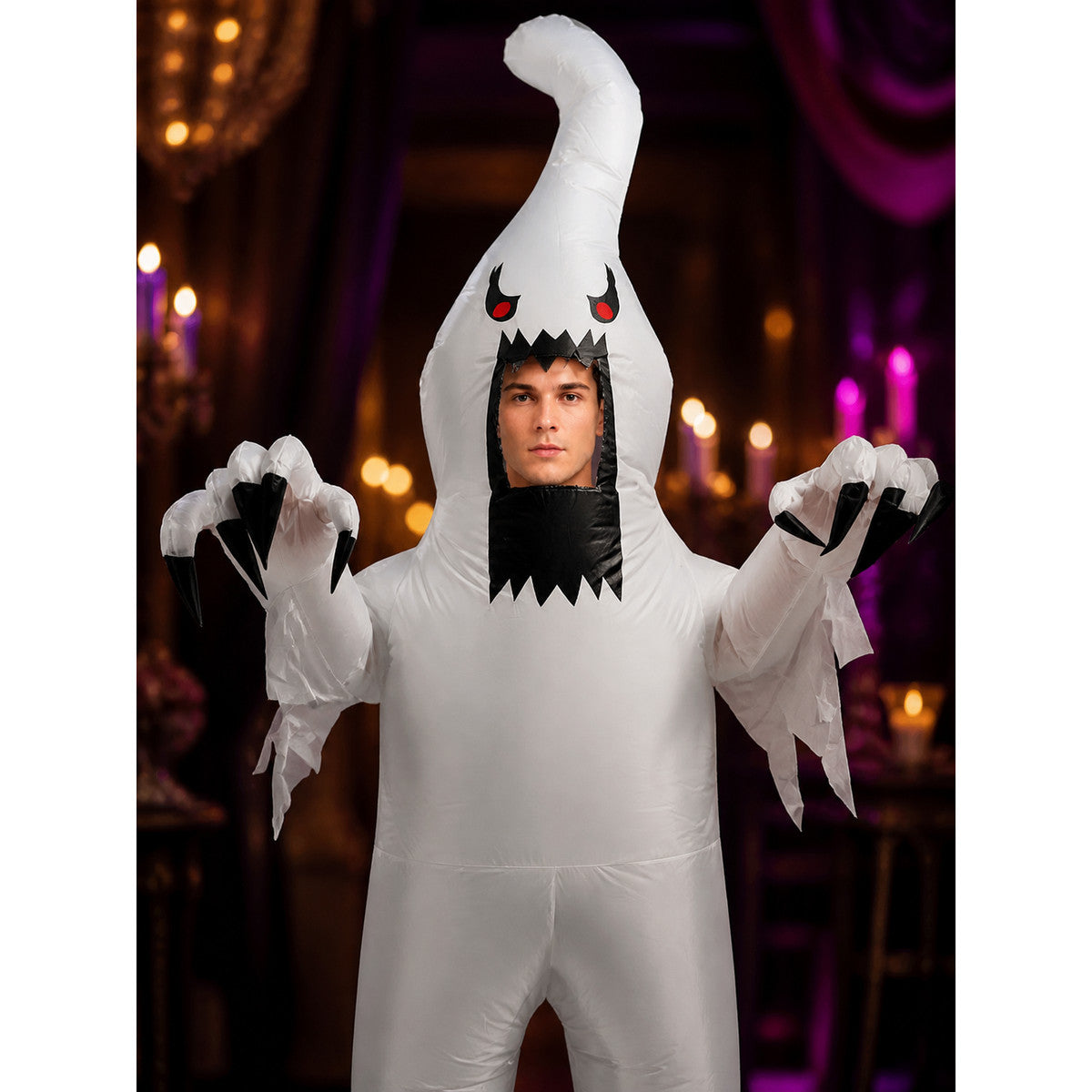 Inflatable White Monster Costume with Red Eyes and Black Claws for Halloween on-model view