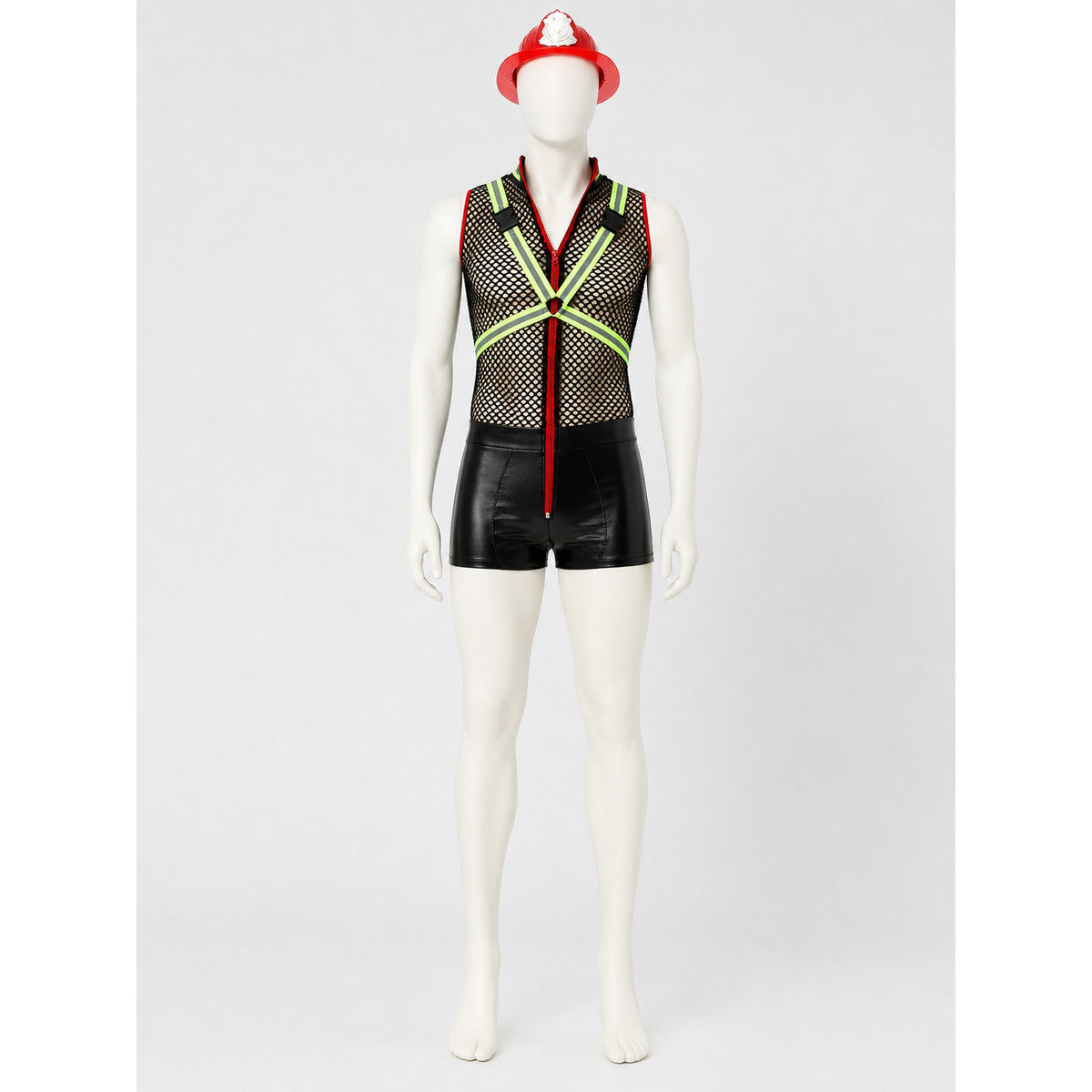 This one-piece romper is designed in the style of a costume for themed parties and cosplay looks. It features a sleeveless, open design, a black mesh upper section with a noticeable texture, and black shorts on the lower section. A red zipp