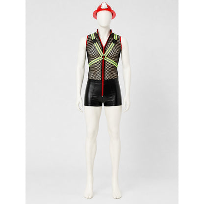 This one-piece romper is designed in the style of a costume for themed parties and cosplay looks. It features a sleeveless, open design, a black mesh upper section with a noticeable texture, and black shorts on the lower section. A red zipp