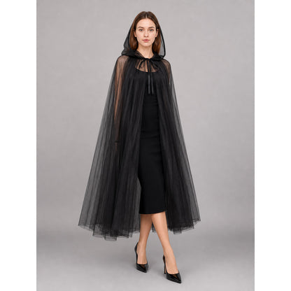 Black costume cloak with hood, layered mesh