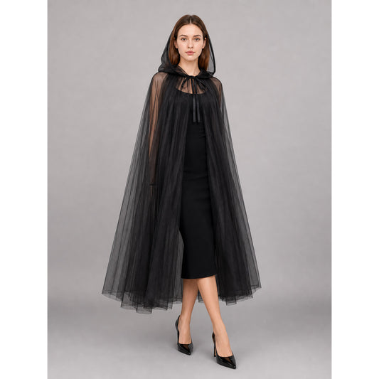 Black costume cloak with hood, layered mesh