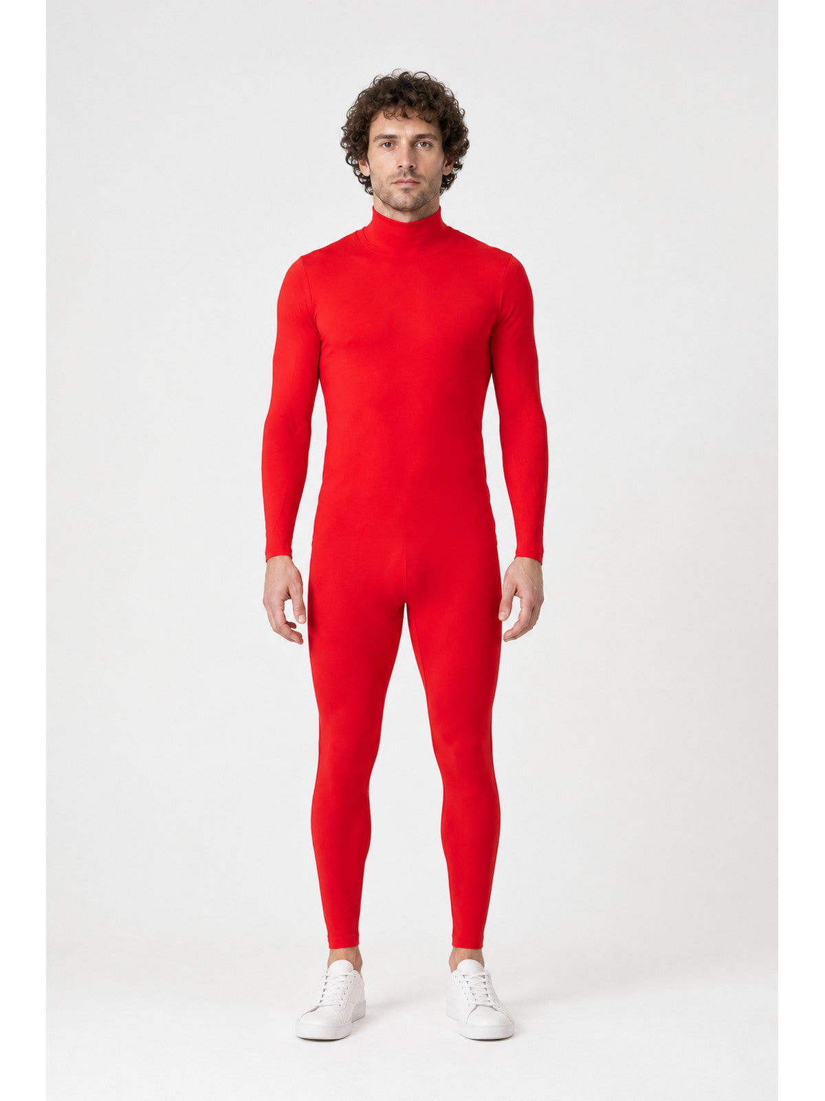 Red form-fitting jumpsuit with a high collar