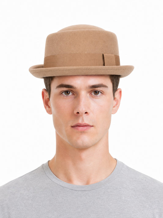 A caramel-colored fedora hat suitable for everyday outfits, outdoor walks front view