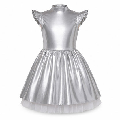 Children Girls Shiny Halloween Alien Cosplay Fancy Costume Space Robot Astronaut Galaxy Warrior Dress Up Leotards Tutu Dress - Color:Silver