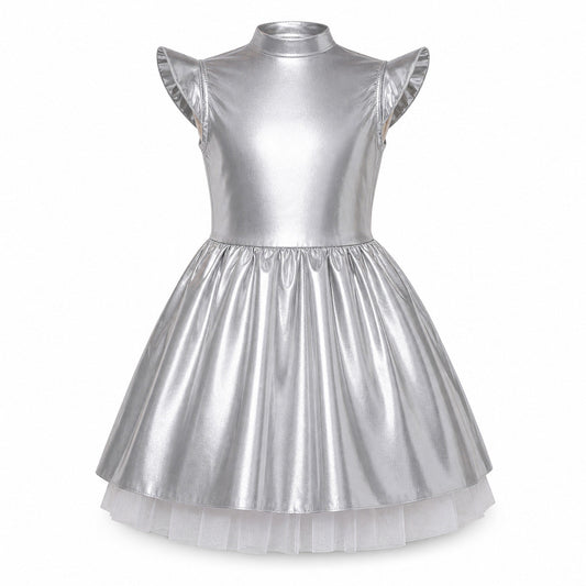 Children Girls Shiny Halloween Alien Cosplay Fancy Costume Space Robot Astronaut Galaxy Warrior Dress Up Leotards Tutu Dress - Color:Silver