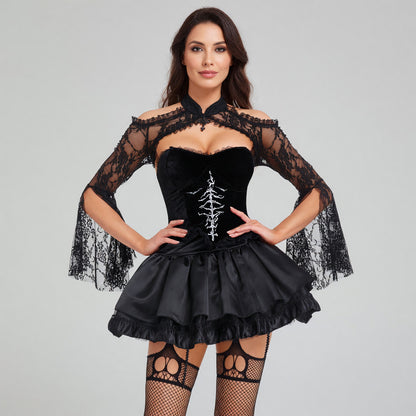 Gothic Dress with Lace and White Skeleton Print