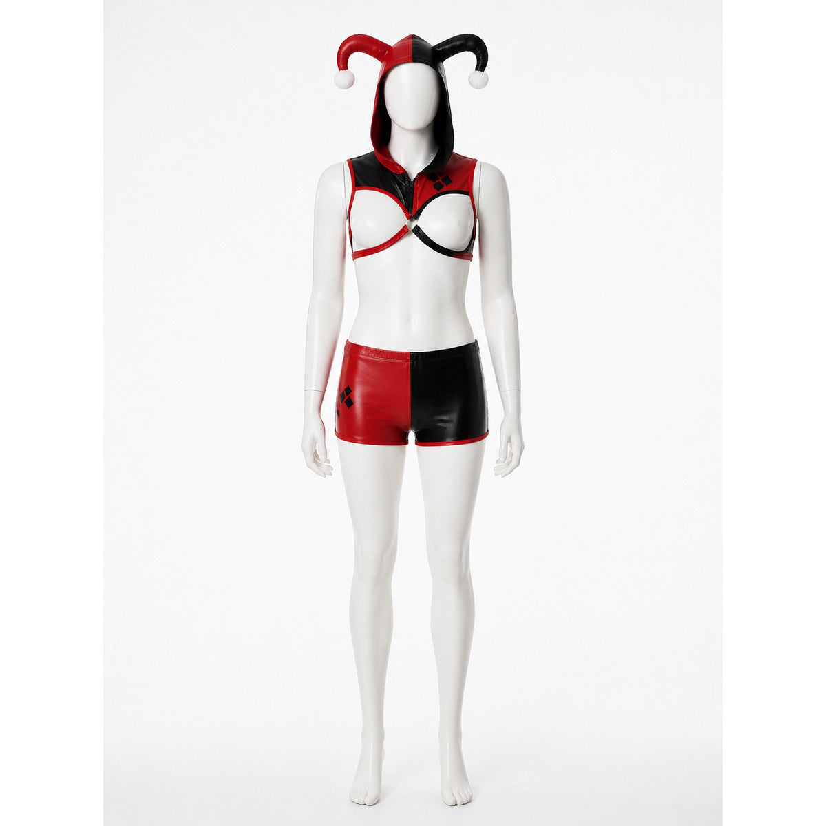 Men's Jester Circus Costume Set, Red Black Hooded Crop Top & Shorts with Gloves on-model view