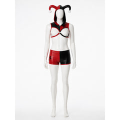 Men's Jester Circus Costume Set, Red Black Hooded Crop Top & Shorts with Gloves