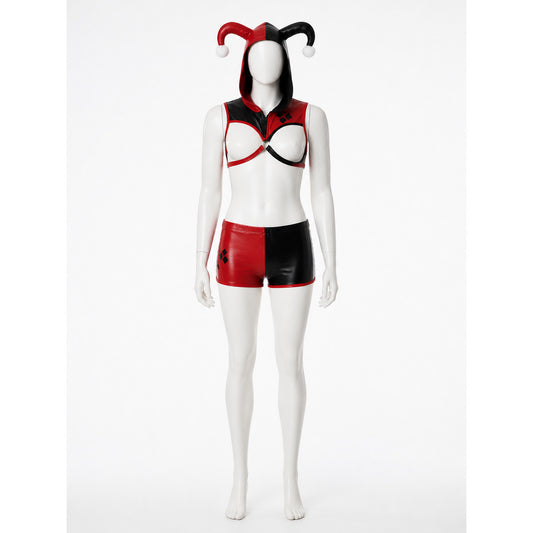 Men's Jester Circus Costume Set, Red Black Hooded Crop Top & Shorts with Gloves on-model view