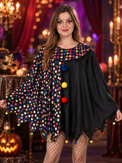 Black Cosplay Cloak with Pom-Poms and Polka Dot Print