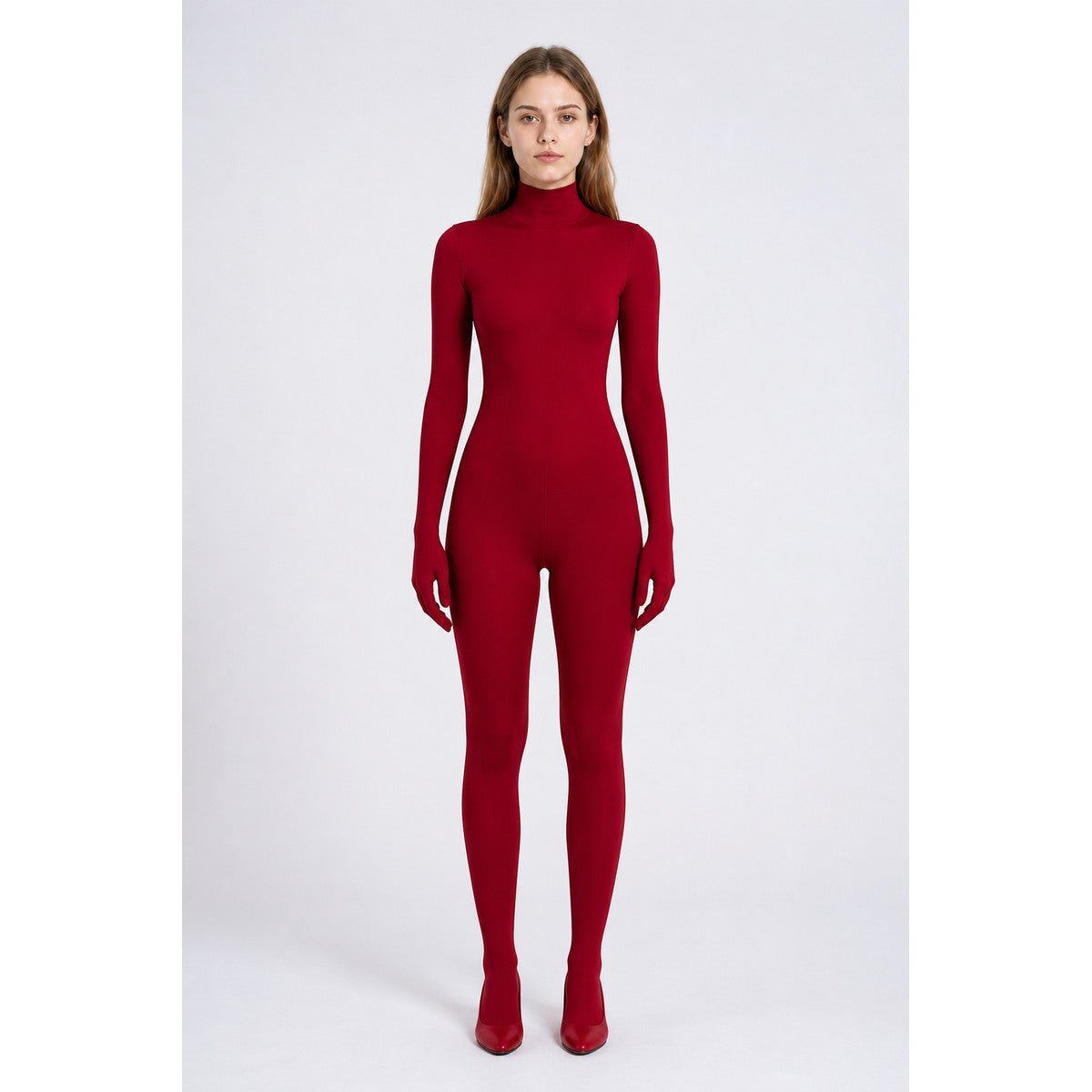 Red Hooded Open-Face Jumpsuit for Stage Performances