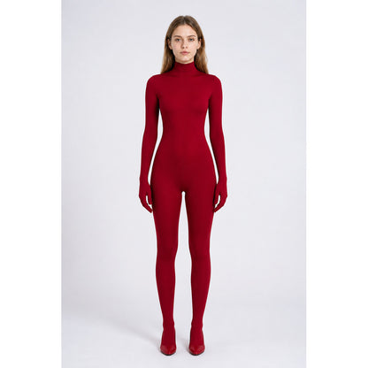 Red Hooded Open-Face Jumpsuit for Stage Performances
