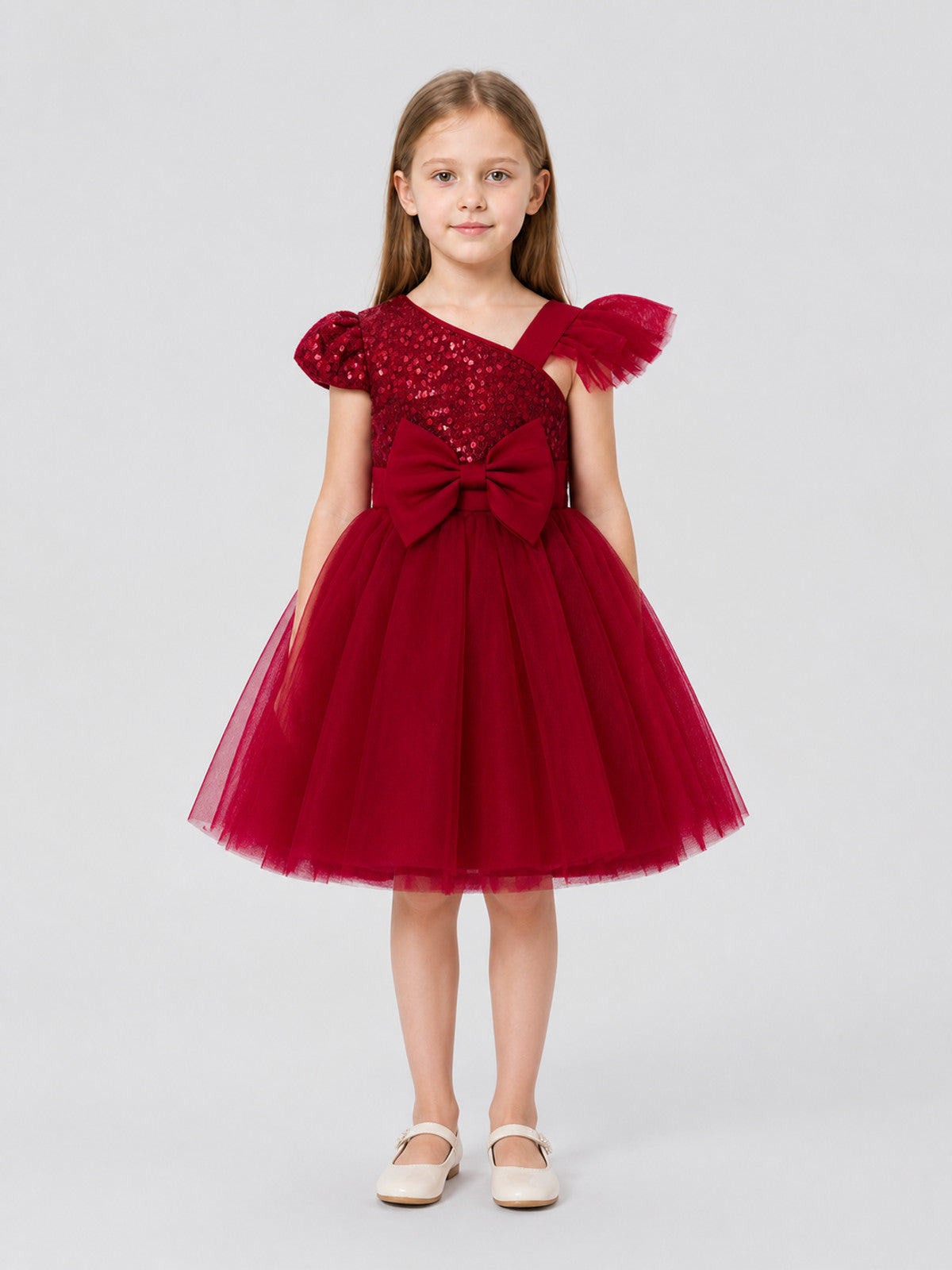 Princess Dress with Sequins, Tulle Skirt, and Bow on-model view