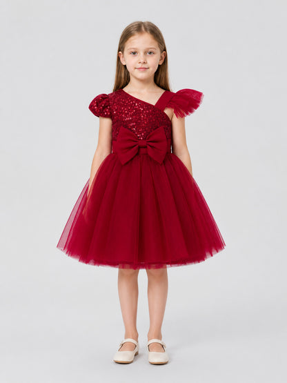 Princess Dress with Sequins, Tulle Skirt, and Bow on-model view