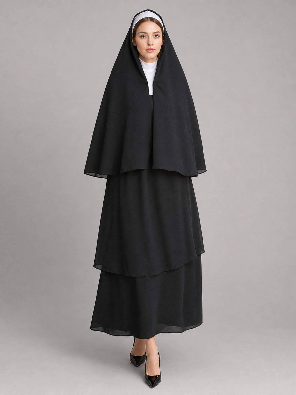 Black Carnival Cloak with White Headpiece front view