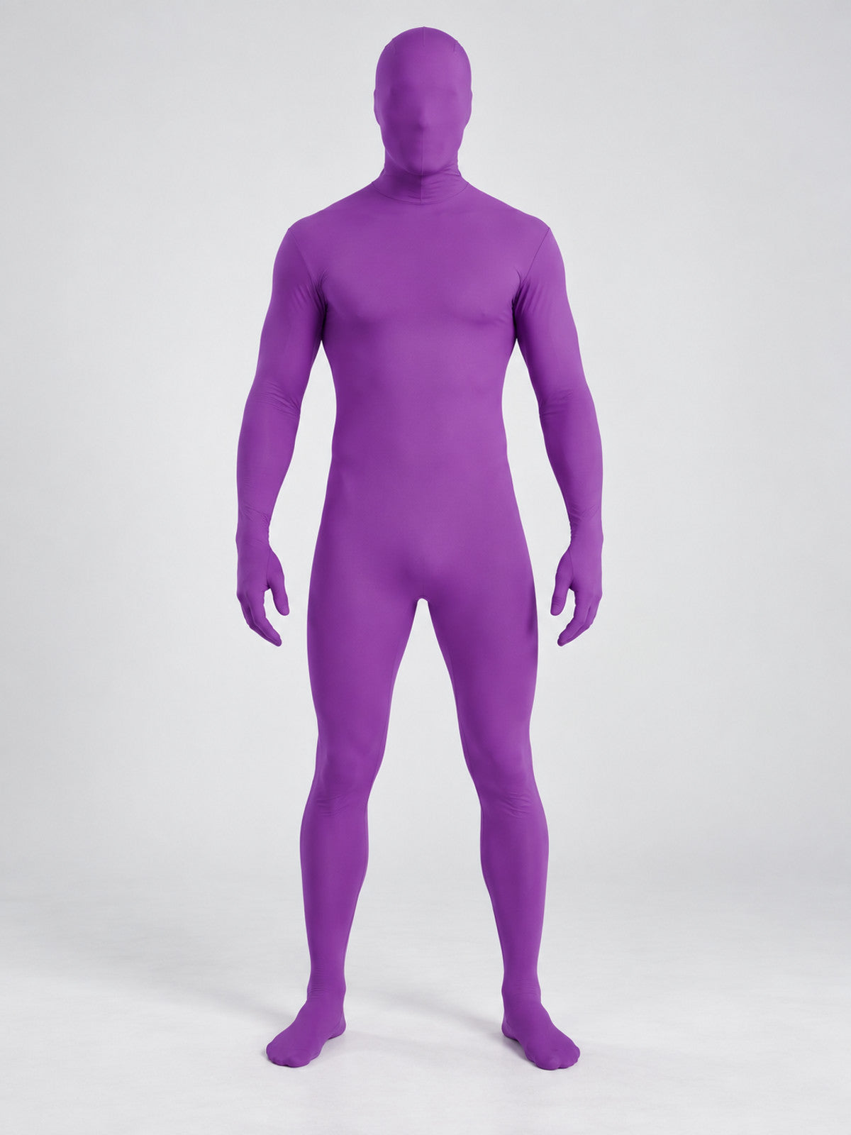 Purple jumpsuit costume with hood and long sleeves