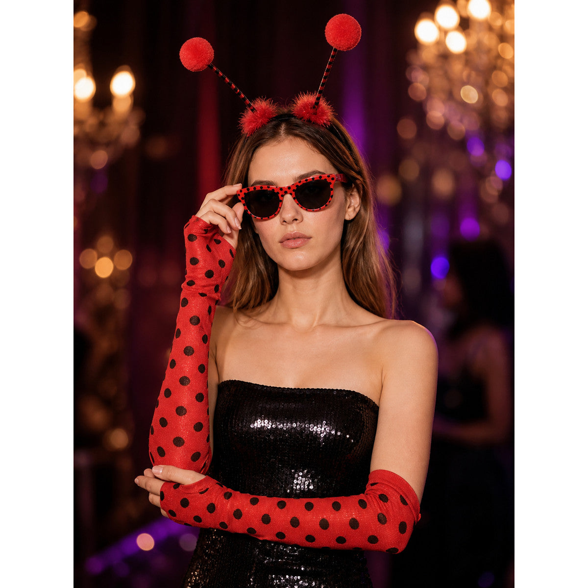Bee Costume Accessories Set with Headband, Sunglasses, Gloves & Earrings - Red on-model view
