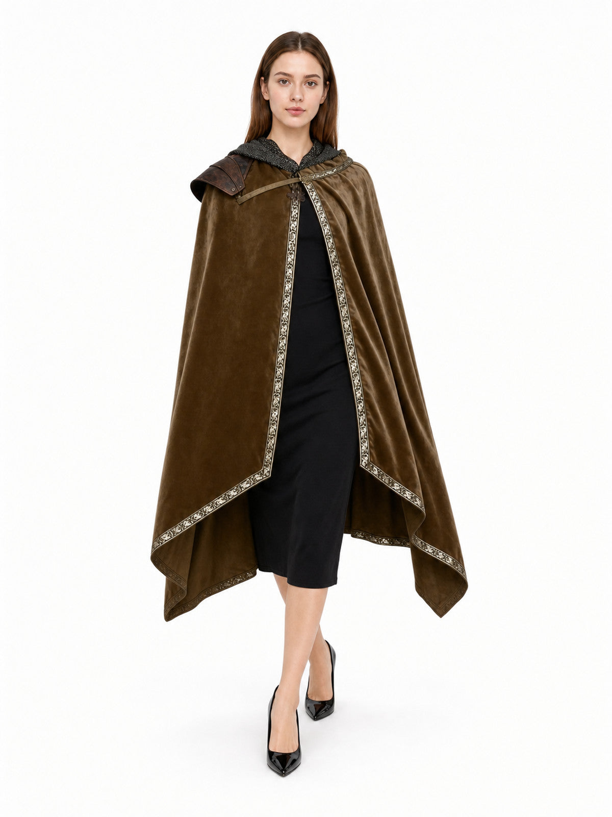 Brown velvet-look hooded cape with patterned trim, shown full-length on a woman over a black dress