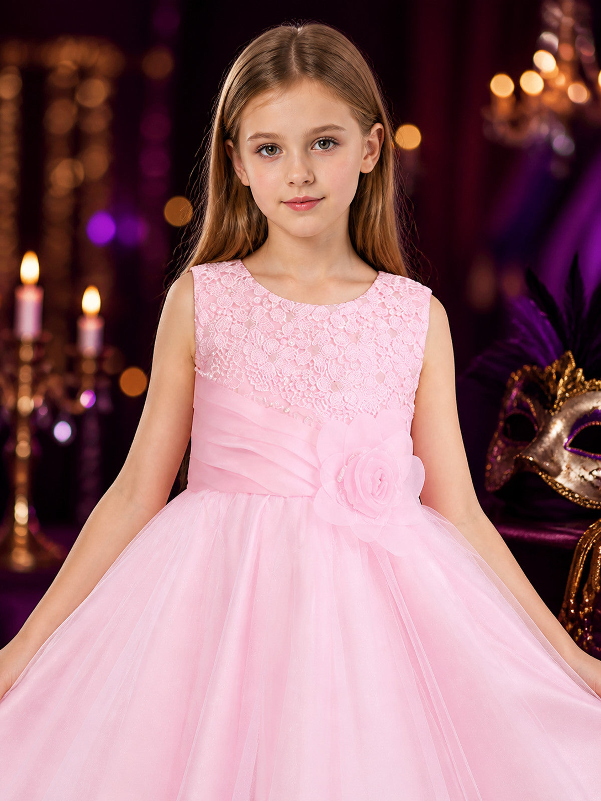 Girls' Pink Princess Dress, Sleeveless Layered Tulle Formal Dress on-model view