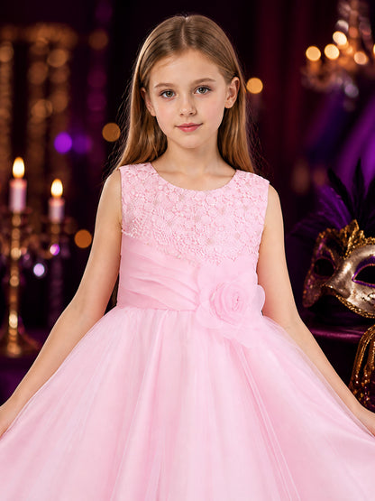 Girls' Pink Princess Dress, Sleeveless Layered Tulle Formal Dress on-model view