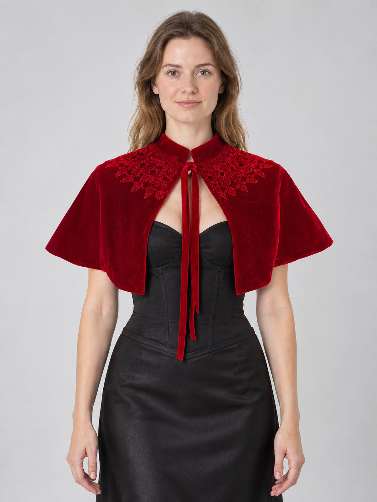 Red velvet capelet with lace trim and ties