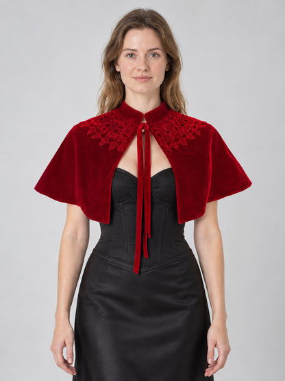 Red velvet capelet with lace trim and ties