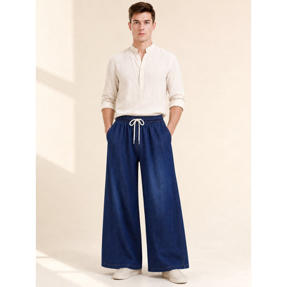 Wide-leg dark navy pants with drawstring