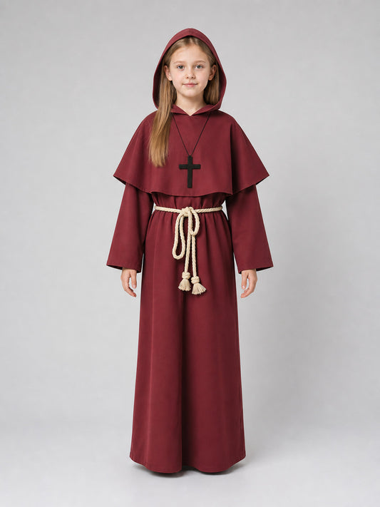 Full-body child model wearing a burgundy hooded robe with a black cross pendant and cream rope belt with tassels