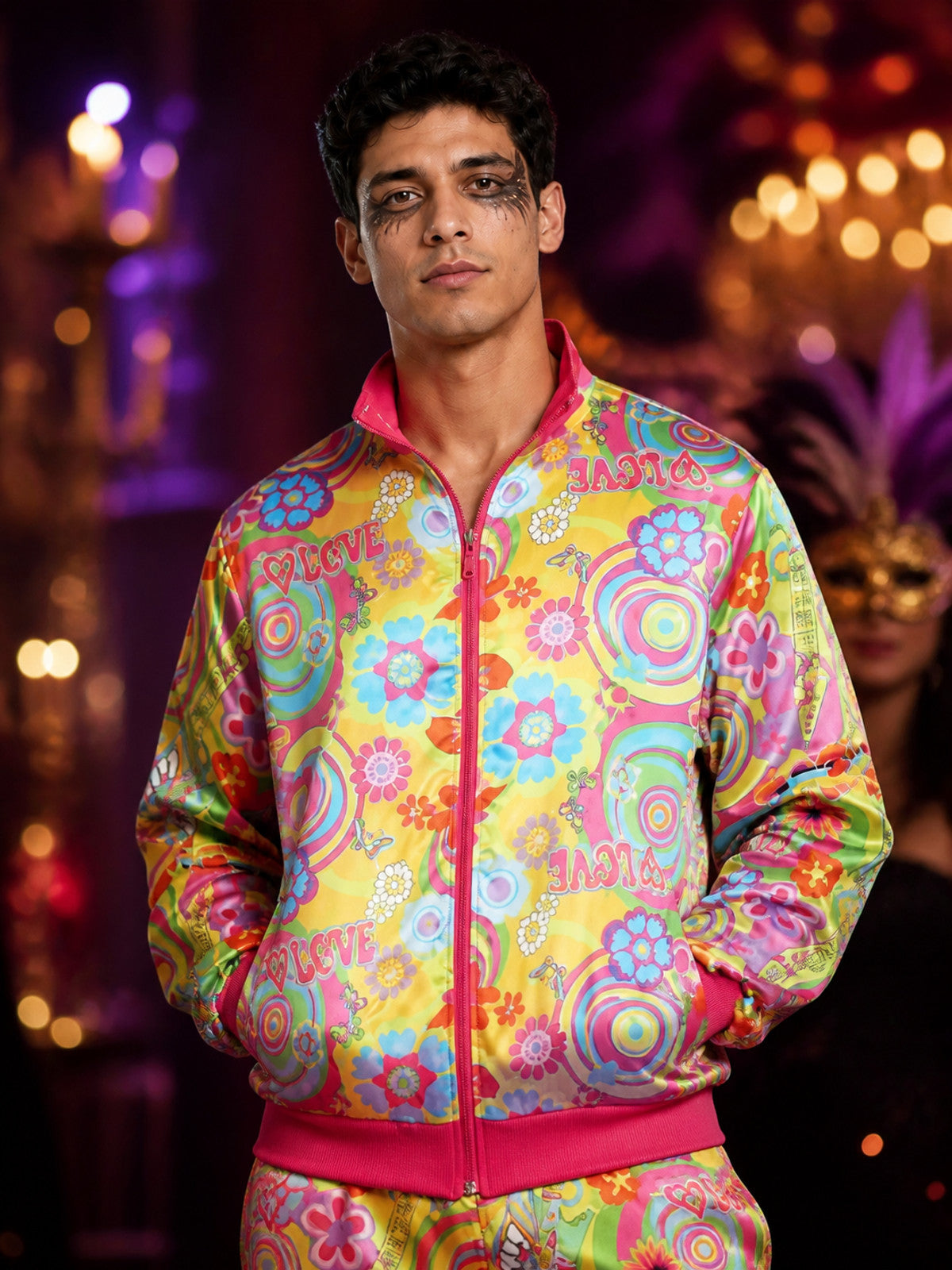 Retro 70s Disco Jumpsuit Costume, Colorful Floral Print, Zip Front, Stand Collar on-model view