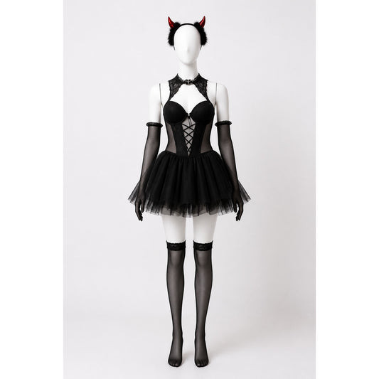 Black Devil Costume with Horns and a Flared Skirt main product view