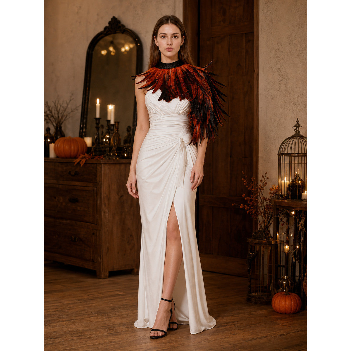 Halloween Feather Cape Costume One-Shoulder Asymmetric Shawl, Orange-Black Long Feathers, Black High Neck Collar for Cosplay Theme Party Stage
