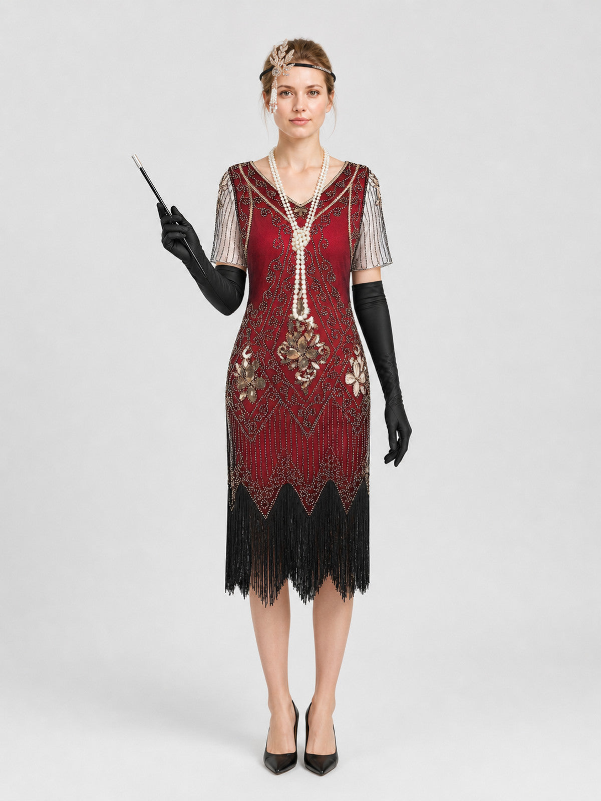 1920s Fringe Dress Set with Accessories on-model view