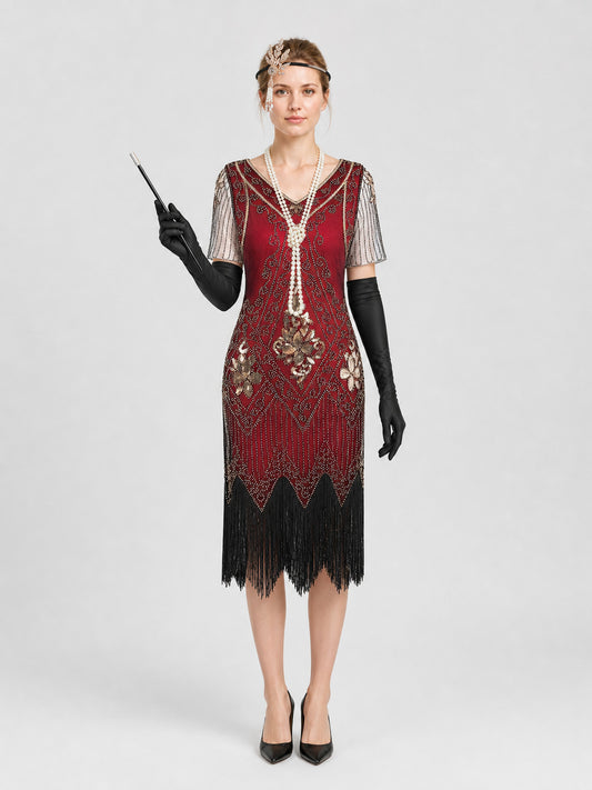 1920s Fringe Dress Set with Accessories on-model view