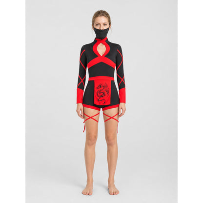 Ninja Cosplay Costume with Mask, Black and Red on-model view