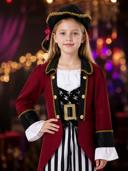 Kids Pirate Costume Set - Burgundy Coat with Gold Trim, Skull Print & Pirate Hat on-model view