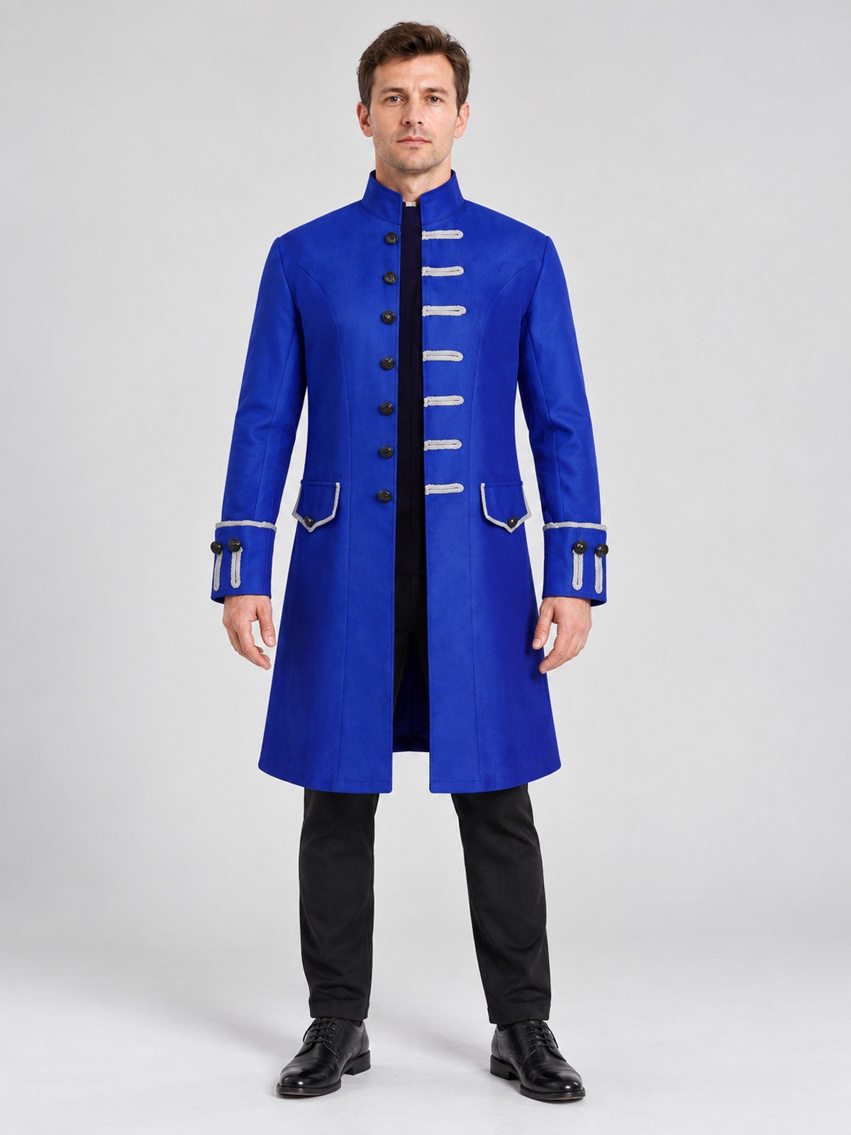 Long blue frock coat with black trim and stand collar