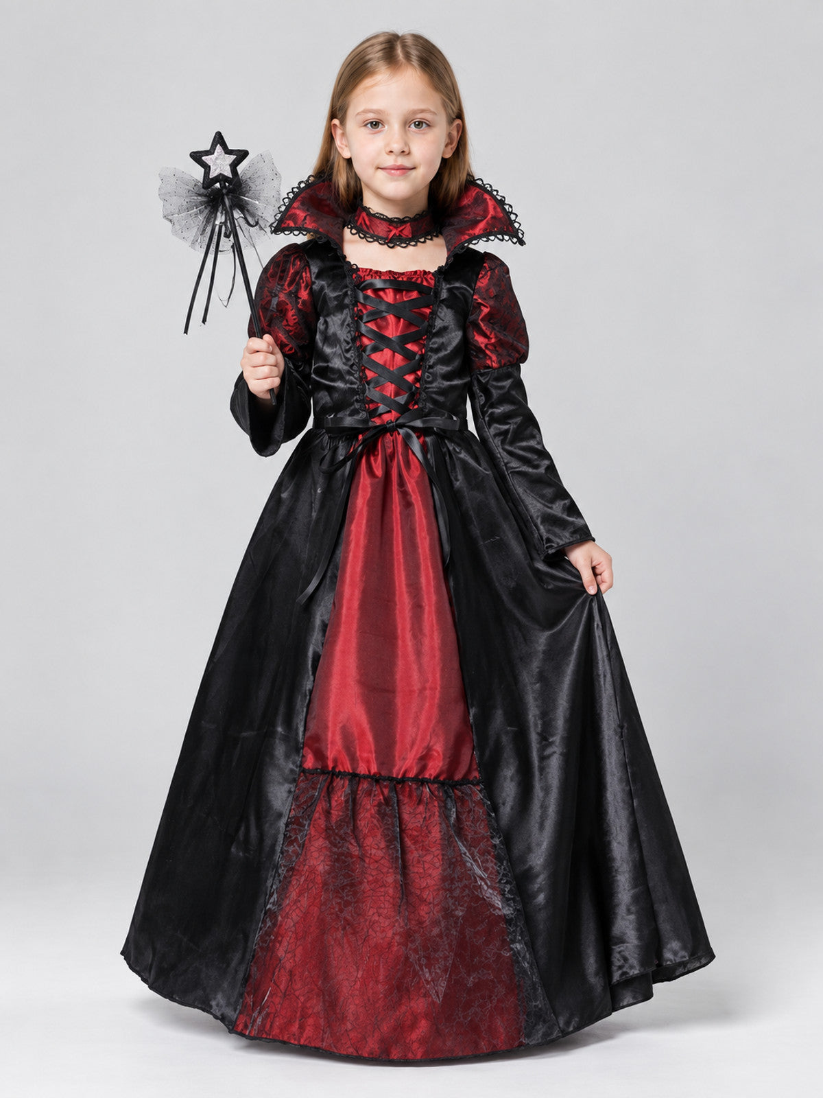 Children's Black and Red Carnival Costume with Lacing on-model view