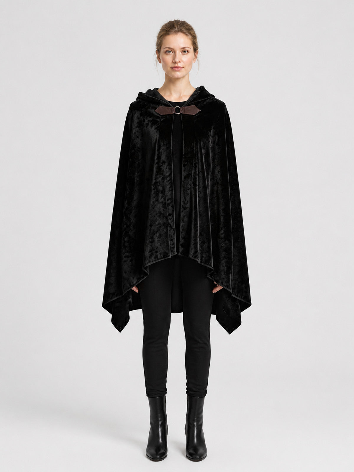 Hooded Cosplay Cloak, Longer in Back, with Bow on-model view
