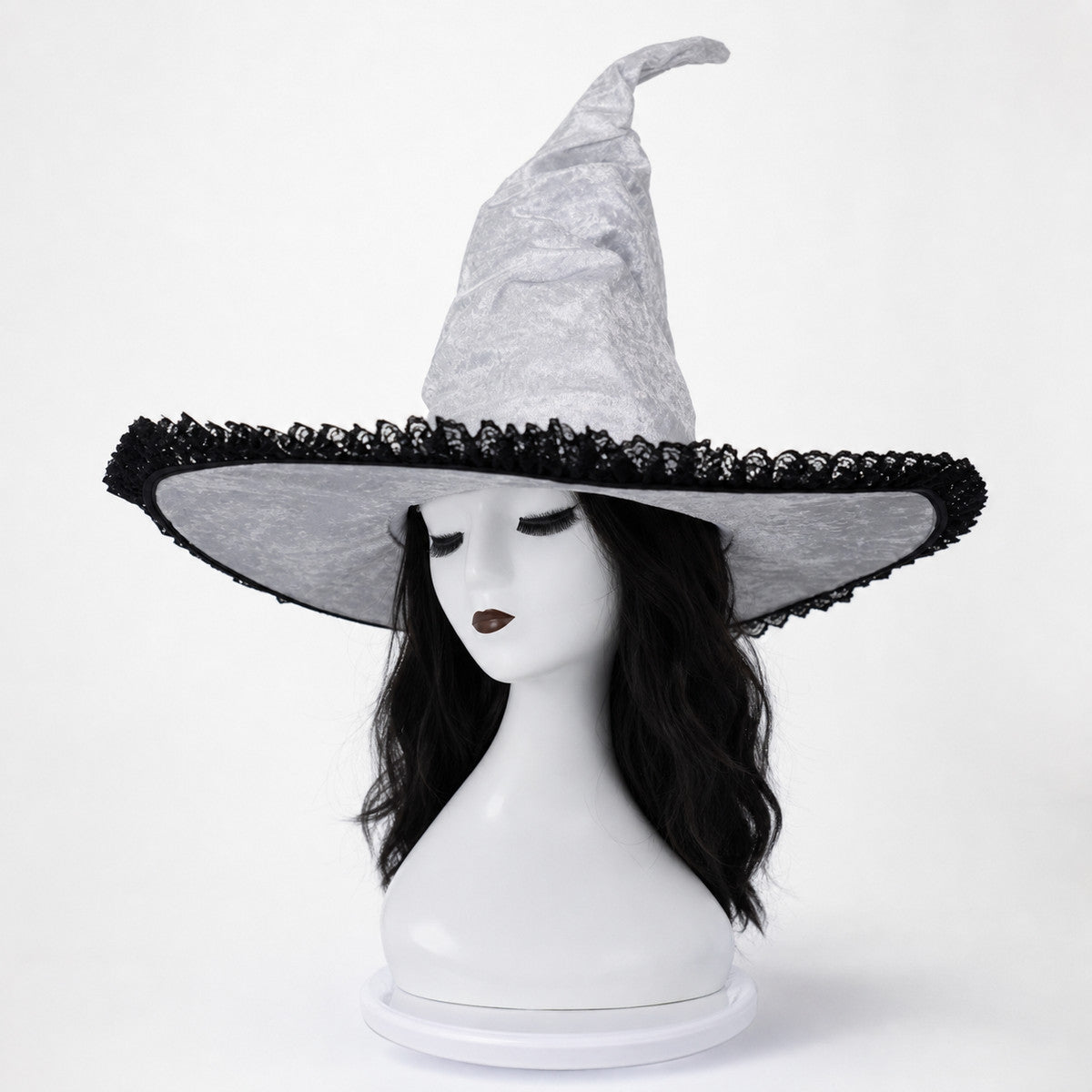 Light Gray White Halloween Witch Hat with Black Lace Trim, Tall Bent Pointed Crown and Wide Brim for Witch Cosplay Costume Party