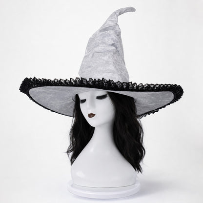 Light Gray White Halloween Witch Hat with Black Lace Trim, Tall Bent Pointed Crown and Wide Brim for Witch Cosplay Costume Party